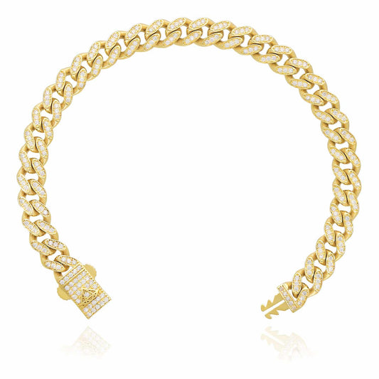 14K Gold CZ Pave 7mm Hollow Miami Cuban Bracelet 7", 8"