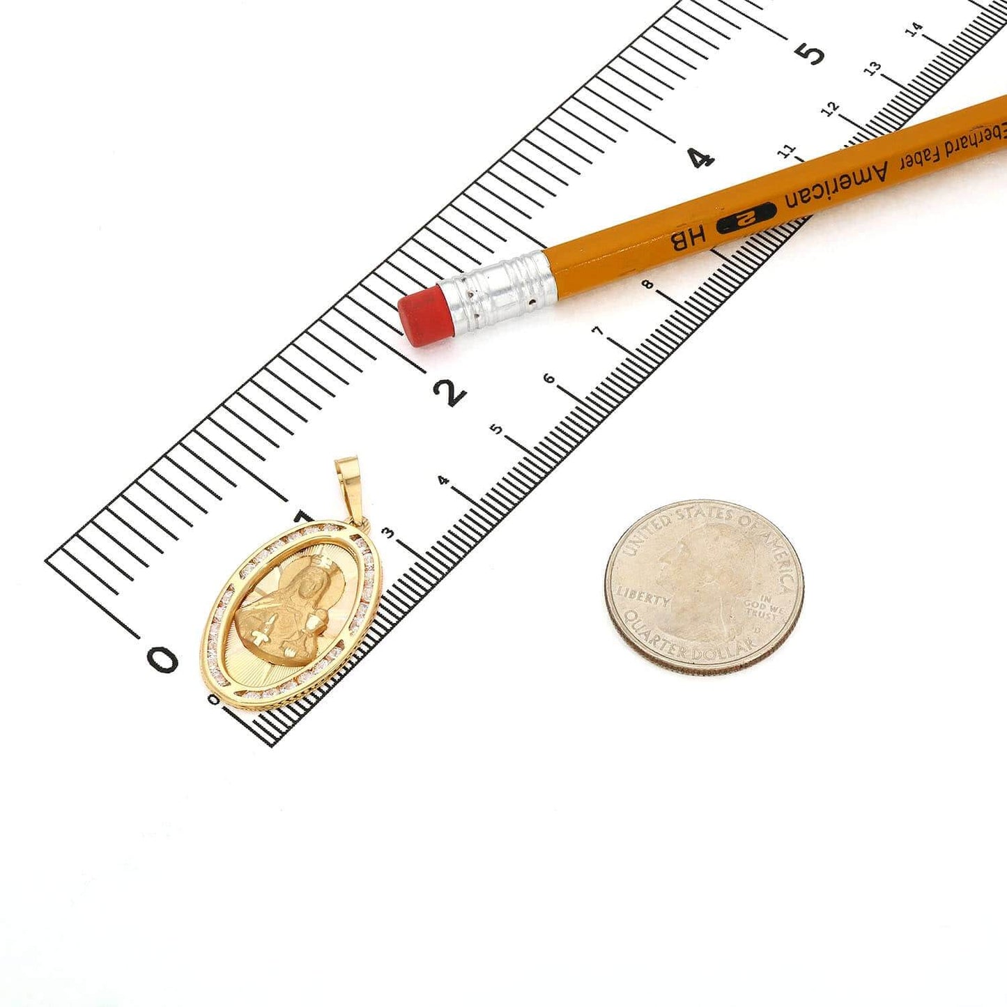 14K Gold CZ Religious Santa Barbara Oval Pendant 1.5"