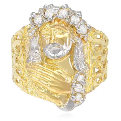 Solid 10K Gold Yellow CZ Jesus Head Religious Signet Ring