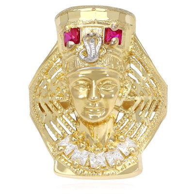 10K Gold Yellow CZ Ruby Pharaoh Nefertiti Head Ring
