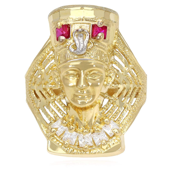 10K Gold Yellow CZ Ruby Pharaoh Nefertiti Head Ring