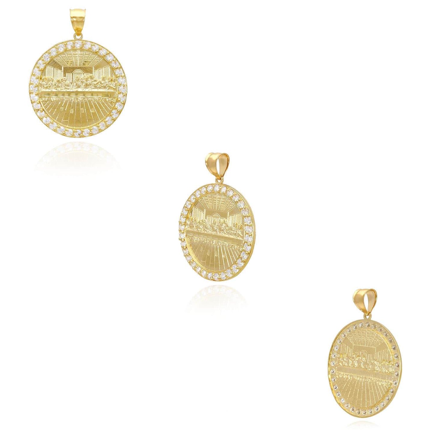 Solid 10K Gold CZ Frame Last Supper Round Pendant 0.8"-1.6"