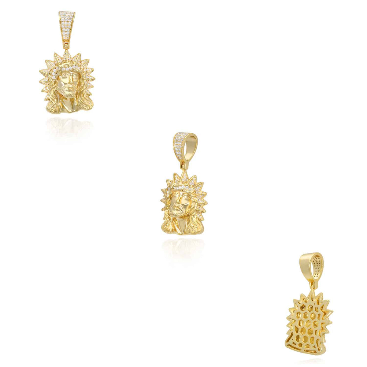 14k Gold Over Silver CZ Jesus Head Thorn Pendant 1.8"