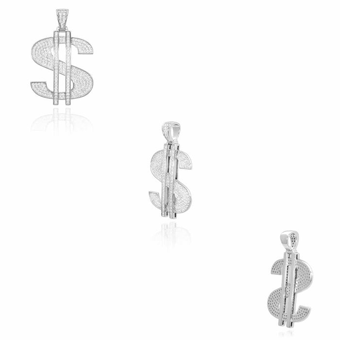 14K Gold Over Silver Ice Out CZ Pave Dollar Sign Pendant 1.6"