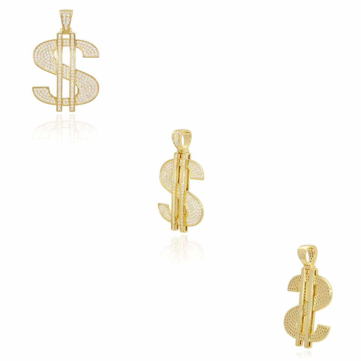 14K Gold Over Silver Ice Out CZ Pave Dollar Sign Pendant 1.6"