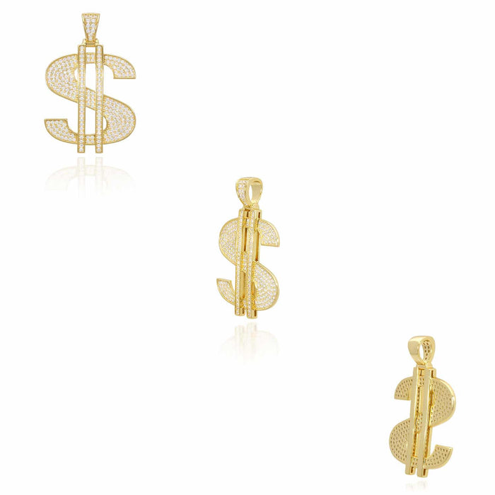14K Gold Over Silver Ice Out CZ Pave Dollar Sign Pendant 1.6"
