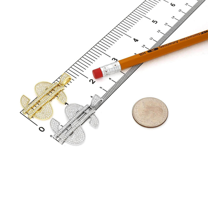 14K Gold Over Silver Ice Out CZ Pave Dollar Sign Pendant 1.6"