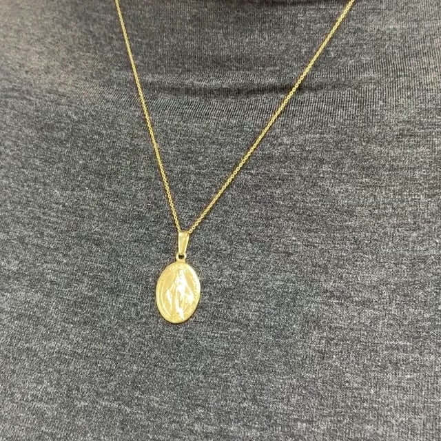 Yellow Gold Over Sterling Silver Miraculous Virgin Mary Oval Medal with 18" Chain