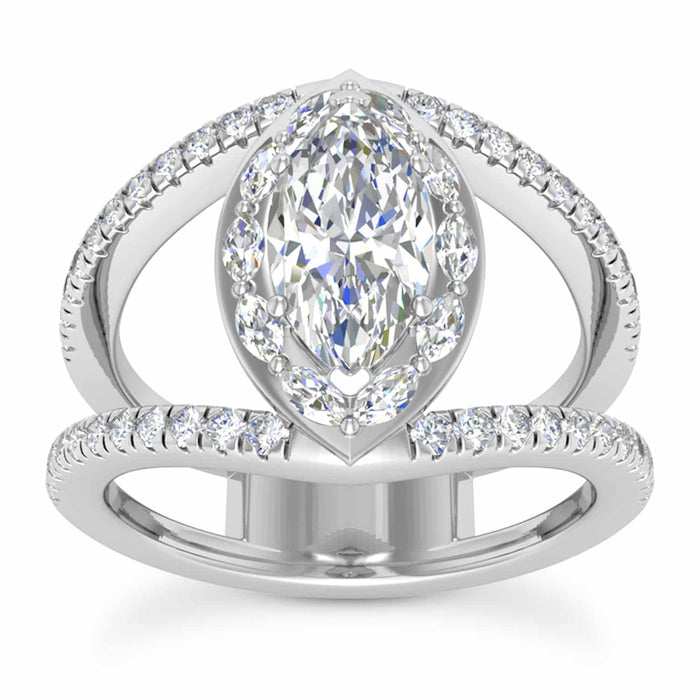 1.7CTW Natural Diamond Marquise Moissanite Split Halo 18K Gold White Bridal Ring