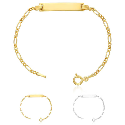 Kids 14K Yellow/White Gold Over Sterling Silver Figaro ID Bar Bracelet (Solid Links) 6"
