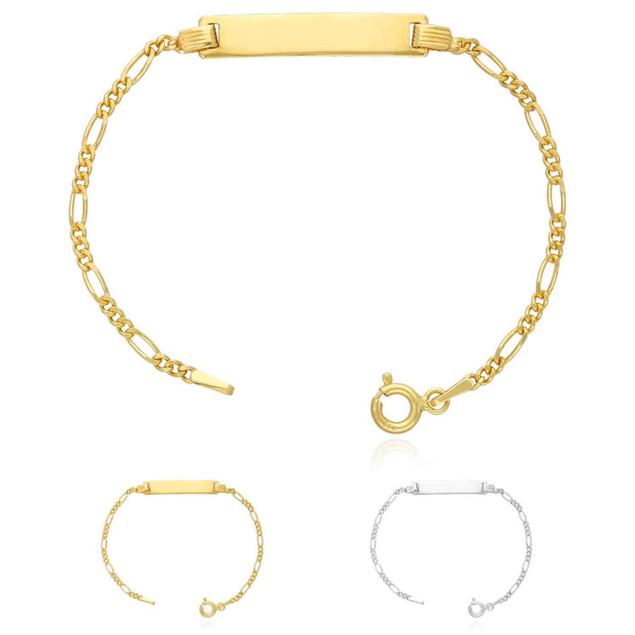 Kids 14K Yellow/White Gold Over Sterling Silver Figaro ID Bar Bracelet (Solid Links) 6"
