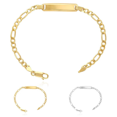 14K Yellow/White Gold Over Silver Figaro Personalized ID Bar Bracelet (Solid Links) 7"