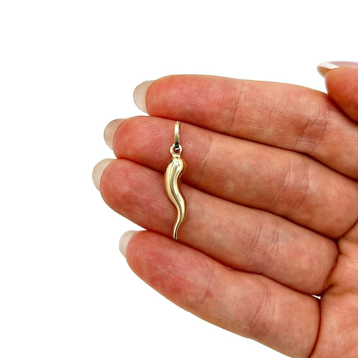 14K Real Gold Hollow Italian Horn Charm Pendant 1.2"