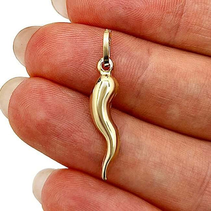 14K Real Gold Hollow Italian Horn Charm Pendant 1.2"