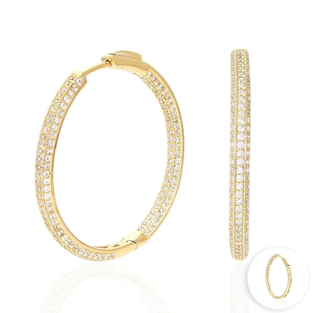 14k Yellow Gold Over 925 Sterling Silver Pave CZ Hoop Earrings