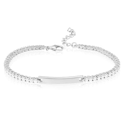 14K White Gold Over Sterling Silver ID Bar CZ Tennis Bracelet 6"-8" Adjustable