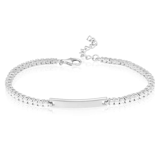 Solid 14K White Gold Over Silver ID Bar CZ Tennis Bracelet 6"-8" Adjustable