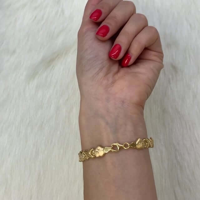 14K Yellow Gold Over Sterling Silver Hearts Kisses XO Bracelet (Hollow) 7.5"