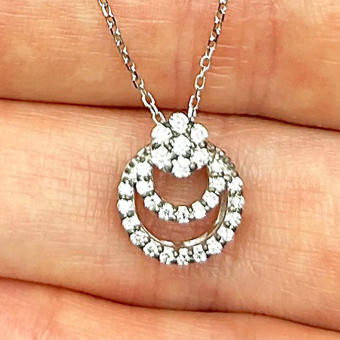 .25CTW Natural Diamond Double Circle Cluster 18K White Gold Pendant .47" & Chain