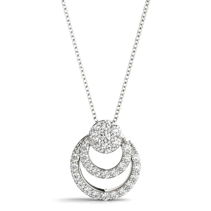 .25CTW Natural Diamond Double Circle Cluster 18K White Gold Pendant .47" & Chain