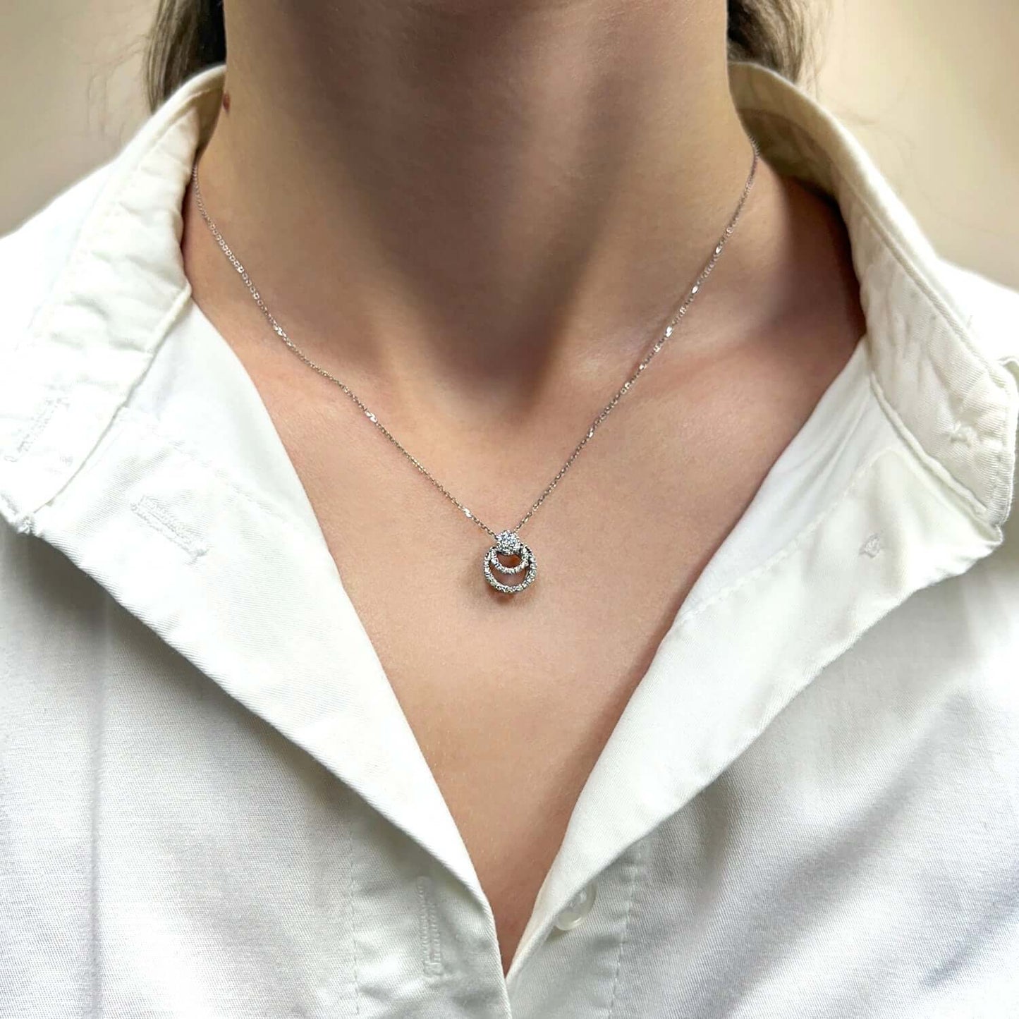 .25CTW Real Diamond Double Circle Cluster 18K White Gold Pendant .47" & Chain