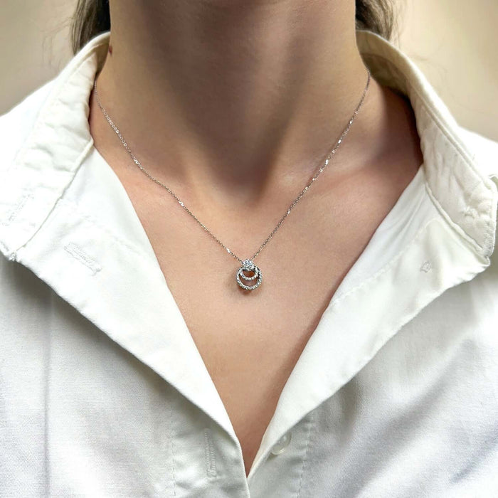 .25CTW Natural Diamond Double Circle Cluster 18K White Gold Pendant .47" & Chain