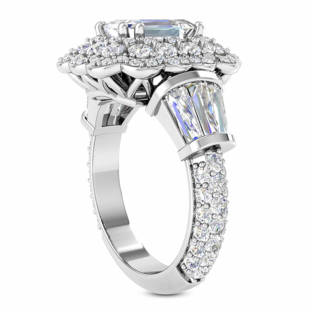 3.80CTW Natural Diamond Baguette Emerald Moissanite Cocktail 18K Gold Ring