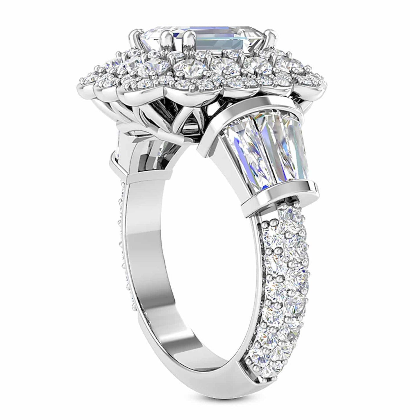 3.80CTW Real Diamond Baguette Emerald Moissanite Cocktail 18K Real Gold Ring