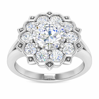 2.15CTW Natural Diamond & Moissanite Floral Halo 18K Gold White Engagement Ring