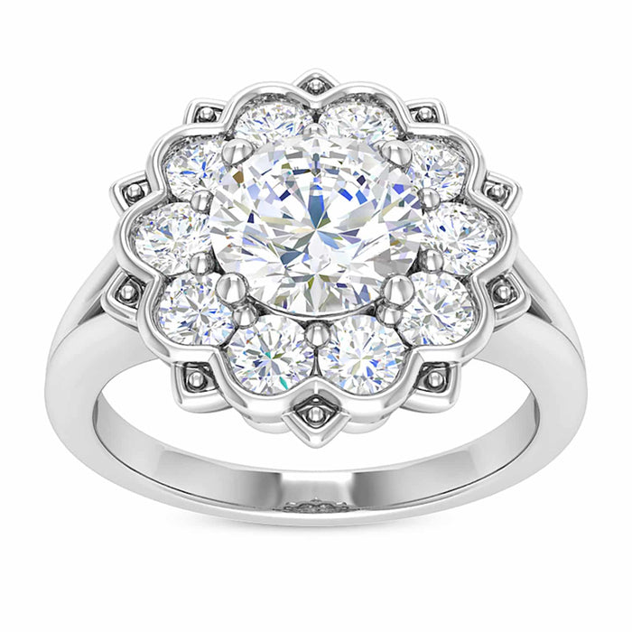 2.15CTW Natural Diamond & Moissanite Floral Halo 18K Gold White Engagement Ring