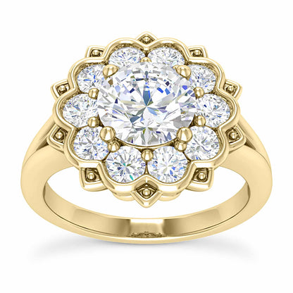 2.15CTW Real Diamond & Moissanite Floral Halo 18K Gold Engagement Ring