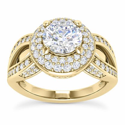 2.3CTW Real Diamond Moissanite Halo Split Shank 18K Gold Engagement Ring
