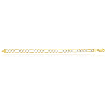 Solid 18K Yellow Gold Over Silver Diamond-Cut Pave 7mm Figaro Bracelet 8.25" 9"