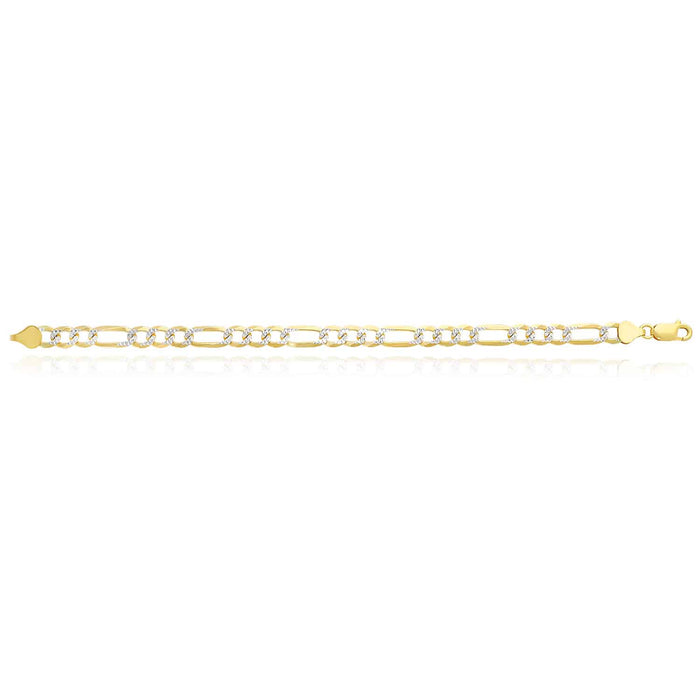 18K Yellow Gold Over Silver 7mm Diamond-Cut Pave Figaro Bracelet (Solid Links) 8.25"-9"