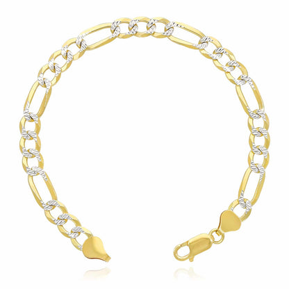 Solid 18K Yellow Gold Over Silver Diamond-Cut Pave 7mm Figaro Bracelet 8.25" 9"