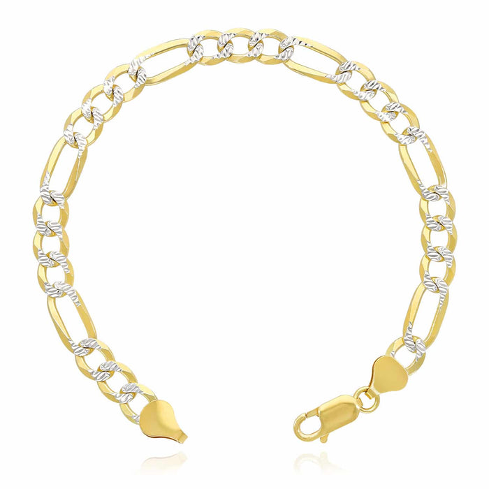 18K Yellow Gold Over Silver 7mm Diamond-Cut Pave Figaro Bracelet (Solid Links) 8.25"-9"