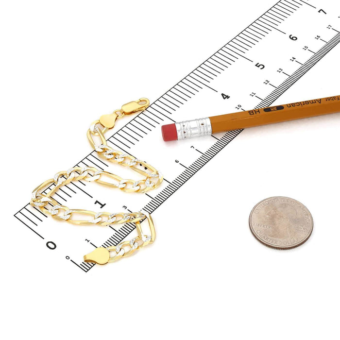 18K Yellow Gold Over Silver 7mm Diamond-Cut Pave Figaro Bracelet (Solid Links) 8.25"-9"