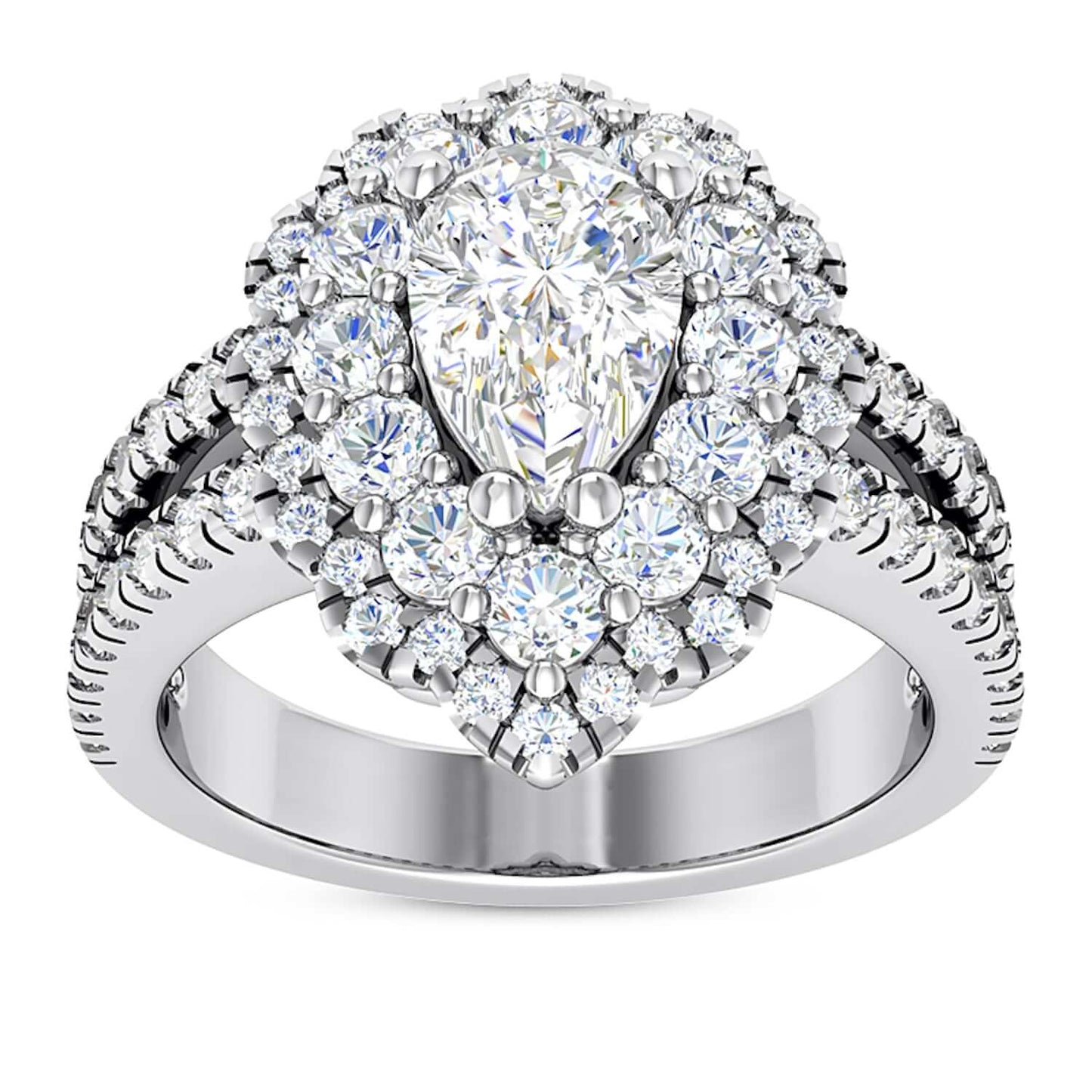 3.25CT Real Diamond Pear Moissanite Halo Split 18K Gold White Engagement Ring