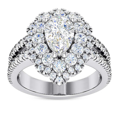 3.25CT Natural Diamond Pear Moissanite Halo Split 18K Gold White Engagement Ring