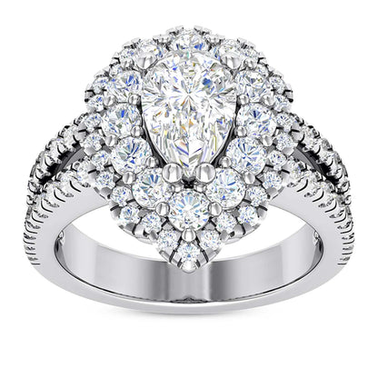 3.25CT Real Diamond Pear Moissanite Halo Split 18K Gold White Engagement Ring