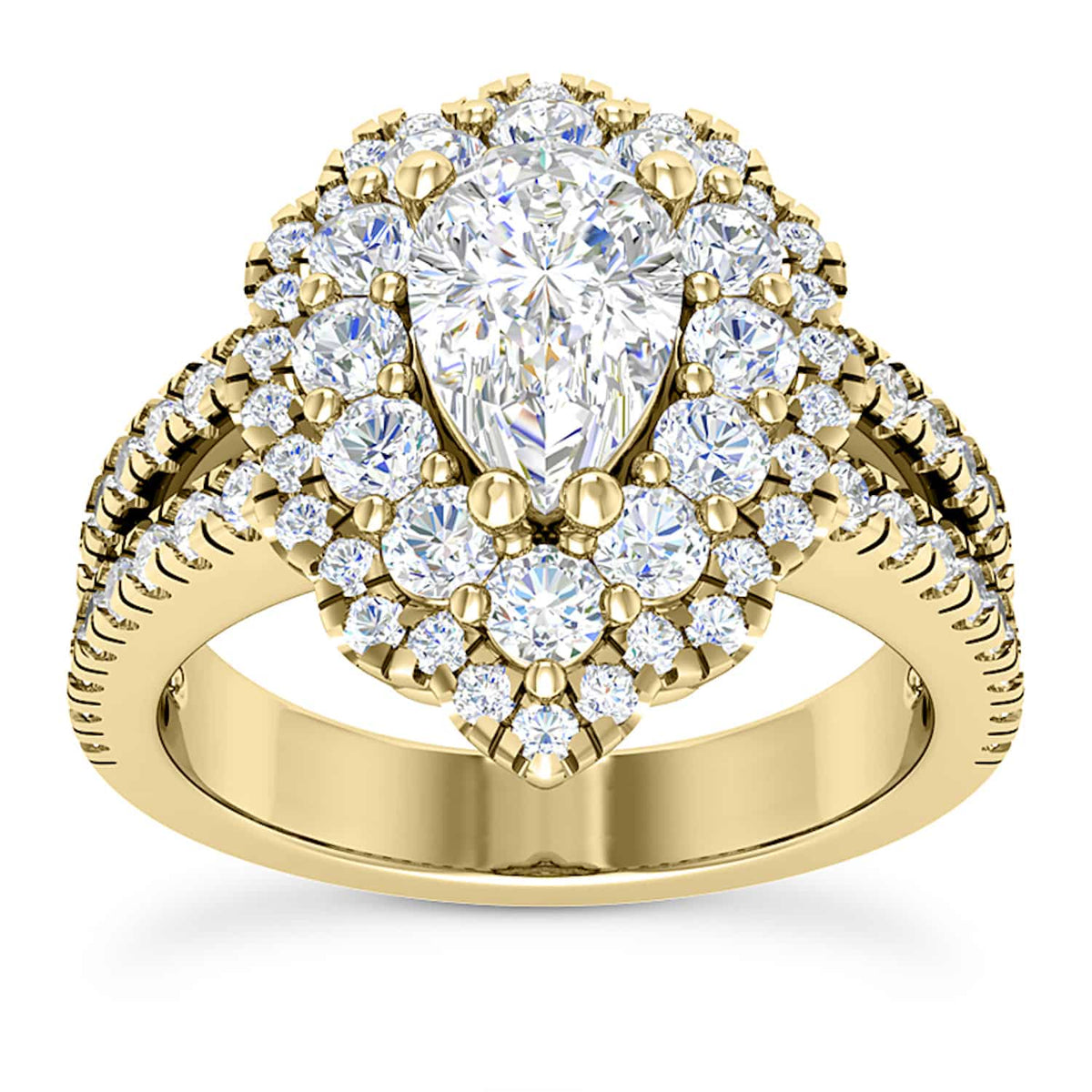 3.25CT Natural Diamond Pear Moissanite Pear Halo Split 18K Gold Engagement Ring