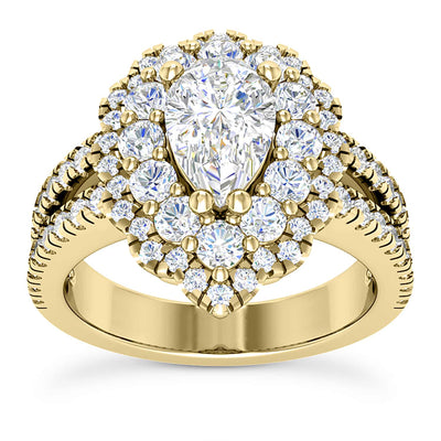 3.25CT Natural Diamond Pear Moissanite Pear Halo Split 18K Gold Engagement Ring
