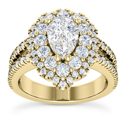 3.25CT Real Diamond Pear Moissanite Pear Halo Split 18K Gold Engagement Ring