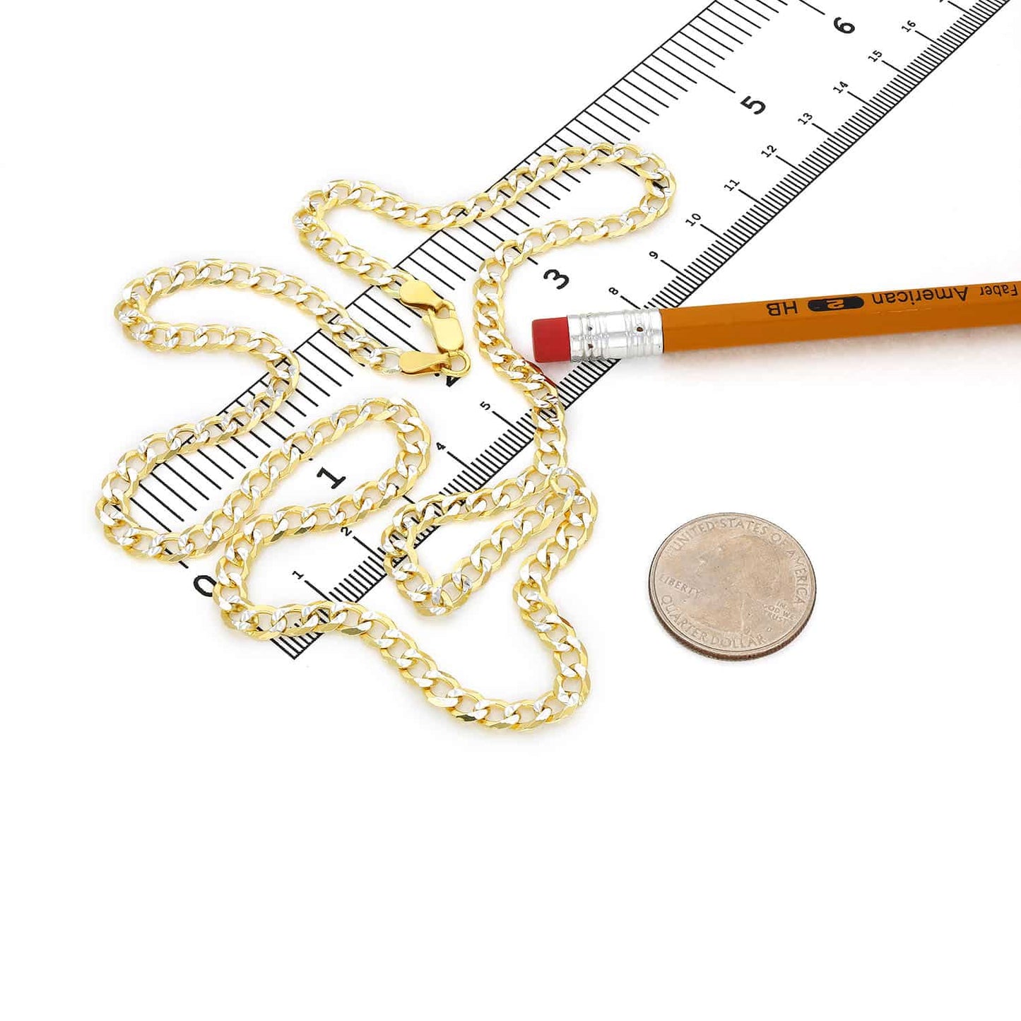 Solid 18K Gold Over Silver 5mm Diamond-Cut Pave Cuban Curb Chain 18"-24"