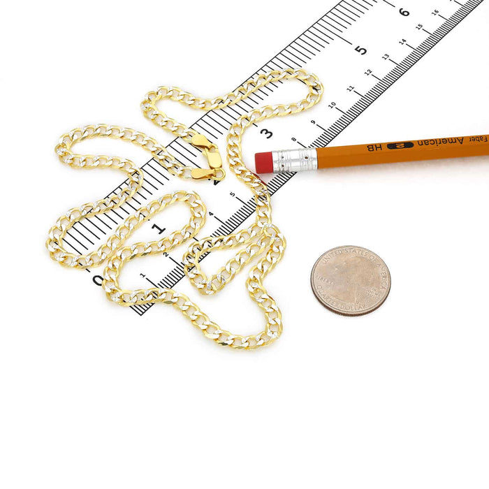 18K Gold Over Silver 5mm Diamond-Cut Pave Cuban Curb Chain (Solid Links) 18"-24"