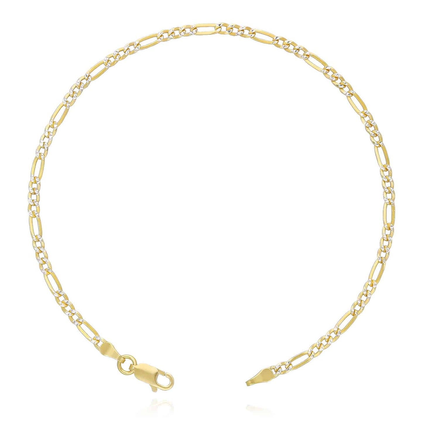 Solid 18K Gold Over Sterling Silver 2.7mm Diamond-Cut Pave Figaro Bracelet 7"-9"