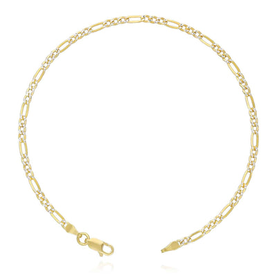 18K Gold Over Sterling Silver 2.7mm Diamond-Cut Pave Figaro Bracelet (Solid Links) 7"-9"