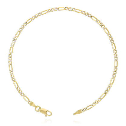Solid 18K Gold Over Sterling Silver 2.7mm Diamond-Cut Pave Figaro Bracelet 7"-9"