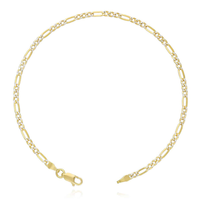 18K Gold Over Sterling Silver 2.7mm Diamond-Cut Pave Figaro Bracelet (Solid Links) 7"-9"