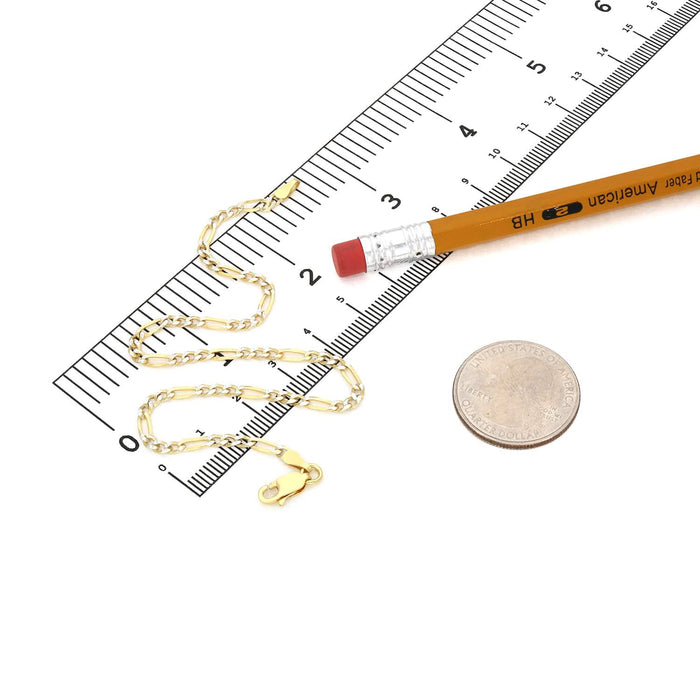 18K Gold Over Sterling Silver 2.7mm Diamond-Cut Pave Figaro Bracelet (Solid Links) 7"-9"